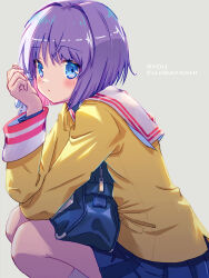 Rule 34 | 1girl, akayama yukihe, backlighting, blue eyes, blue skirt, blush, bob cut, character name, clannad, clenched hand, closed mouth, commentary request, cowboy shot, crossed arms, eyes visible through hair, frown, fujibayashi ryou, grey background, hair between eyes, hair intakes, hand up, highres, hikarizaka private high school uniform, jacket, long sleeves, looking at viewer, medium hair, miniskirt, pleated skirt, purple hair, sailor collar, school uniform, simple background, skirt, solo, squatting, white sailor collar, yellow jacket