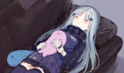 Rule 34 | 1girl, black skirt, blush, closed eyes, couch, dutch angle, facial mark, from above, girls&#039; frontline, gloves, hair ornament, hk416 (girls&#039; frontline), jacket, long hair, long sleeves, lying, nprmtp, on back, on couch, parted lips, purple jacket, purple thighhighs, silver hair, sketch, skirt, solo, stuffed animal, stuffed seal, stuffed toy, thighhighs, very long hair, white gloves