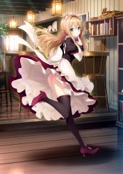 Rule 34 | 1girl, absurdres, apron, black thighhighs, blonde hair, blue eyes, blush, book, breasts, ceiling light, chair, closed mouth, counter, day, floating hair, frilled skirt, frills, hair between eyes, hair intakes, hair ribbon, hand up, high heels, highres, indoors, juliet sleeves, lamp, large breasts, leg up, long hair, long skirt, long sleeves, looking at viewer, maid, maid apron, maid headdress, necomi, original, panties, pantyshot, pink panties, pink ribbon, plant, plate, puffy sleeves, red footwear, ribbon, shelf, shirt, skirt, smile, solo, standing, standing on one leg, thighhighs, underbust, underwear, white apron, white shirt, wind, wind lift, window