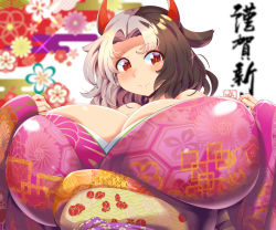 Rule 34 | alternate costume, animal ears, black hair, blurry, blurry background, blush, breasts, cleavage, commentary request, covered erect nipples, cow ears, cow horns, egasumi, floral background, floral print, gigantic breasts, hair intakes, hands up, highres, horns, japanese clothes, kimono, multicolored hair, obi, parted bangs, pink kimono, red eyes, red horns, sash, shiny clothes, shiny skin, short hair, smile, split-color hair, touhou, translation request, two-tone hair, umigarasu (kitsune1963), upper body, ushizaki urumi, white hair, wide sleeves, yellow pupils