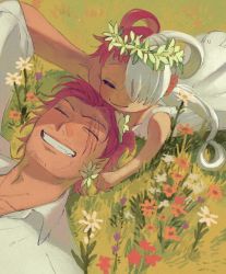 Rule 34 | 1boy, 1girl, age difference, aged down, child, father and daughter, field, flower, flower field, grass, grin, happy, highres, long hair, looking at another, multicolored hair, one piece, one piece film: red, red hair, shanks (one piece), smile, teeth, two-tone hair, uta (one piece), very long hair, yellow background