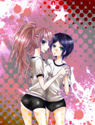 Rule 34 | 2girls, arched back, arm around waist, ass, black shorts, blue eyes, breast press, breasts, buruma, butt crack, cameltoe, cleavage, danganronpa: trigger happy havoc, danganronpa (series), enoshima junko, eyebrows, eyebrows hidden by hair, freckles, frown, grey eyes, gym shirt, gym shorts, gym uniform, hand around waist, hand on another&#039;s hip, holding hands, holding person, hug, ikusaba mukuro, incest, leaning back, leaning forward, leaning on person, legs, long hair, looking at viewer, looking back, medium breasts, multicolored background, multiple girls, nose, parted bangs, parted lips, pink background, pink lips, pulling another&#039;s clothes, shirt, short hair, shorts, siblings, sisters, smile, smirk, spots, star (symbol), tan, tanline, tanline peek, thighs, turning head, twincest, twins, twintails, white shirt, yuri