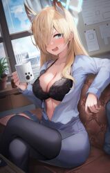 Rule 34 | 1girl, animal ear fluff, animal ears, black pantyhose, blonde hair, blue archive, blue eyes, blue shirt, blurry, blush, bra, breasts, building, cleavage, coffee, coffee mug, collarbone, collared shirt, commentary, couch, crossed legs, cup, depth of field, dog ears, dog girl, extra ears, hair over one eye, halo, highres, holding, holding cup, indoors, kanna (blue archive), lace, lace-trimmed bra, lace trim, large breasts, long hair, long sleeves, looking at viewer, midriff, mug, navel, on couch, open clothes, open mouth, open shirt, pantyhose, police, police uniform, policewoman, sharp teeth, shirt, shuvi (shuvi1125), sidelocks, sitting, skirt, skyscraper, solo, teeth, underwear, uniform, window