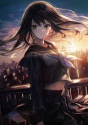 Rule 34 | 1girl, arms at sides, black hair, black sailor collar, black serafuku, black shirt, black skirt, blue sky, breasts, building, cityscape, closed mouth, clothes lift, cloud, commentary, crop top, dutch angle, evening, floating hair, frown, green eyes, highres, light particles, long hair, long sleeves, looking at viewer, medium breasts, midriff, mole, mole under eye, myoushun, navel, neckerchief, orange sky, original, pleated skirt, purple neckerchief, railing, sailor collar, school uniform, serafuku, shirt, shirt lift, sidelocks, skirt, skirt lift, sky, skyscraper, solo, stomach, sunset, symbol-only commentary, wind, wind lift