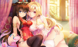 Rule 34 | 2girls, armlet, ass, bad id, bad pixiv id, black legwear, black panties, blonde hair, blue eyes, blush, breasts, brown hair, china dress, chinese clothes, closed mouth, collarbone, couch, covered navel, curtains, dress, female focus, flower, garter straps, hair between eyes, heart, heart-shaped pupils, highres, jewelry, large breasts, long hair, looking at viewer, medium breasts, multiple girls, mvv, necklace, no bra, panties, pillow, pink eyes, red dress, sangoku romance, side-tie panties, sidelocks, sitting, skindentation, smile, symbol-shaped pupils, thighhighs, thighs, tsurime, underwear, white legwear, window, yuri