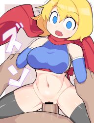 Rule 34 | 1boy, 1girl, alice margatroid, arm grab, bar censor, black thighhighs, blonde hair, blue eyes, blue gloves, blush, bottomless, breasts, brown background, censored, clothed sex, commentary, cookie (touhou), cowboy shot, cowgirl position, elbow gloves, fishnets, girl on top, gloves, hair between eyes, hetero, hospital king, large breasts, medium bangs, navel, ninja, open mouth, penis, pussy, red scarf, scarf, sex, shiny skin, short hair, solo focus, straddling, thighhighs, touhou, two-tone background, underbust, vaginal, web (cookie), white background