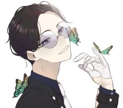 Rule 34 | 1boy, black hair, black jacket, blue shirt, bug, butterfly, butterfly on face, butterfly on hand, collared shirt, comb over, from side, glasses, gloves, green butterfly, grey eyes, half gloves, hand up, insect, jacket, korean commentary, looking at viewer, looking to the side, male focus, mo surii, mole, mole under mouth, necktie, original, parted bangs, parted lips, portrait, round eyewear, shirt, short hair, simple background, smile, solo, tinted eyewear, white background, white gloves, white necktie