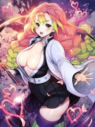 Rule 34 | 1girl, belt, blush, braid, breasts, cleavage, commentary request, gradient hair, green eyes, green hair, hair between eyes, haori, heart, highres, japanese clothes, kanroji mitsuri, kimetsu no yaiba, kyundoo, large breasts, long hair, long sleeves, looking at viewer, mole, mole under eye, multicolored hair, open clothes, open mouth, pink hair, skirt, solo, teeth, thighhighs, twin braids, upper teeth only