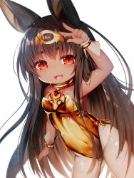 Rule 34 | 1girl, :d, ahoge, animal ears, arm up, bad id, bad pixiv id, bare shoulders, breasts, brown eyes, brown hair, brown leotard, commentary request, covered navel, dark-skinned female, dark skin, fangs, hair between eyes, highres, leotard, long hair, looking at viewer, medium breasts, mofuaki, open mouth, original, pantyhose, short eyebrows, simple background, smile, solo, strapless, strapless leotard, thick eyebrows, very long hair, w, white background, white pantyhose, wrist cuffs
