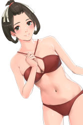 Rule 34 | ace attorney, bikini, black hair, breasts, brown eyes, cleavage, collarbone, commentary request, criss-cross halter, gluteal fold, hair ornament, hair rings, halterneck, hand up, highres, kntrs (knyrs), legs apart, looking at viewer, medium breasts, navel, parted lips, red bikini, short hair, simple background, smile, stomach, susato mikotoba, swimsuit, the great ace attorney, white background