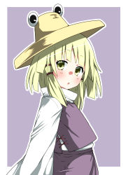 Rule 34 | 1girl, blonde hair, blunt bangs, commentary request, hat, highres, kz oji, long sleeves, looking at viewer, moriya suwako, parted lips, purple background, purple skirt, purple vest, shirt, short hair, skirt, solo, touhou, two-tone background, vest, white background, white shirt, wide sleeves, yellow eyes