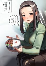 Rule 34 | 1girl, absurdres, bento, blush, breasts, brown eyes, brown hair, brown pantyhose, brown skirt, check translation, commentary request, feet out of frame, food, green sweater, highres, holding, koiso usu, large breasts, lettuce, long hair, long sleeves, looking at viewer, meat, open mouth, original, pantyhose, pencil skirt, rice, sitting, skirt, solo, sweater, translation request