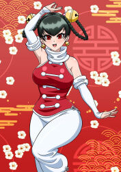 Rule 34 | 1girl, arm up, bare shoulders, bell, bell earrings, black hair, blush, braid, breasts, china dress, chinese clothes, daisy, detached sleeves, dress, earrings, floral background, flower, hair bell, hair ornament, jewelry, jingle bell, lily (flower), lin lin (one-punch man), medium breasts, one-punch man, open mouth, pants, red background, red eyes, rising sun flag, scarf, smile, solo, standing, sunburst, twin braids, white flower, white pants, yensh
