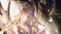 Rule 34 | 1girl, absurdres, bare shoulders, beads, blonde hair, blue eyes, dao mei shushu, dark, douluo dalu, earrings, expressionless, falling feathers, feathers, hair beads, hair ornament, halo, highres, jewelry, long hair, looking down, mechanical halo, parted lips, qian renxue (douluo dalu), second-party source, solo, sparkle, teeth, upper body