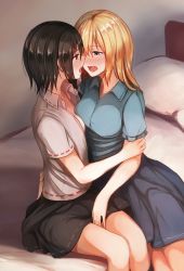 2girls after_kiss asymmetrical_docking asymmetrical_hair bed between_legs black_skirt blonde_hair blue_shirt blue_skirt blush breast_press breasts brown_hair collared_shirt commentary cowboy_shot face-to-face frilled_sleeves frills fumei_(mugendai) furrowed_brow hair_between_eyes hand_between_legs hug indoors long_hair maribel_hearn medium_breasts medium_hair miniskirt multiple_girls on_bed open_clothes open_mouth open_shirt pillow ponytail purple_eyes red_eyes saliva saliva_trail shirt sitting skirt small_breasts sunlight sweat sweatdrop thighs touhou usami_renko white_shirt wing_collar yuri