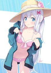 Rule 34 | 1girl, azumi akitake, bikini, blue eyes, bow, breasts, commentary request, cowboy shot, eromanga sensei, front-tie top, gluteal fold, green jacket, hair bow, hat, izumi sagiri, jacket, leaning forward, long hair, low-tied long hair, open clothes, open jacket, pink bikini, pink bow, signature, silver hair, small breasts, solo, standing, sun hat, swimsuit, two-tone background, very long hair