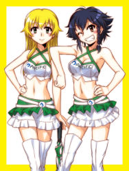 Rule 34 | 10s, 2girls, belt, black hair, blonde hair, boots, border, braid, breasts, brown eyes, carpaccio (girls und panzer), cleavage, closed mouth, commentary request, crop top, frilled skirt, frills, girls und panzer, green eyes, grin, halterneck, holding, holding umbrella, kantai collection, layered skirt, long hair, looking at viewer, medium breasts, midriff, miniskirt, multiple girls, navel, one eye closed, oosaka kanagawa, pacific (kancolle), pepperoni (girls und panzer), race queen, shirt, short hair, side braid, skirt, smile, standing, thigh boots, thighhighs, umbrella, white legwear, white shirt, white skirt, yellow border