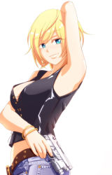 Rule 34 | 1girl, arm behind head, armpits, aya brea, bare shoulders, blonde hair, blue eyes, breasts, cleavage, denim, from side, gun, half-closed eyes, handgun, holding, holding gun, holding weapon, jeans, jewelry, large breasts, midriff, necklace, open clothes, pants, parasite eve, parasite eve the 3rd birthday, pistol, saishichi, seductive smile, sideboob, simple background, smile, solo, the 3rd birthday, weapon, white background