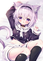 Rule 34 | 1girl, absurdres, ahoge, animal ear fluff, animal ears, arm up, bed sheet, black collar, black hairband, black shirt, black thighhighs, blush, breasts, cat ears, cat girl, cat tail, collar, commentary request, fang, feet out of frame, hair between eyes, hairband, hand up, highres, hololive, long sleeves, looking at viewer, lying, medium breasts, navel, nekomata okayu, nekomata okayu (casual), on back, onigiri print, parted lips, purple eyes, purple hair, sailor collar, shirt, short shorts, shorts, solo, tail, thighhighs, virtual youtuber, waste (arkaura), white neckwear, white sailor collar, white shorts, wide sleeves