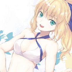 Rule 34 | 1girl, :d, aqua eyes, artoria pendragon (fate), artoria pendragon (swimsuit archer) (fate), artoria pendragon (swimsuit archer) (first ascension) (fate), asagi (kabocha oukoku), blonde hair, blue bow, bow, breasts, cleavage, collarbone, fate/grand order, fate (series), hair between eyes, hair bow, halterneck, long hair, looking at viewer, open mouth, ponytail, small breasts, smile, solo, white background