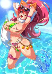 Rule 34 | 1girl, absurdres, animal ears, animal hands, arms up, bikini, blush, breasts, cameltoe, cat ears, cat tail, covered erect nipples, fang, fat mons, green bikini, heart, highleg, highleg leotard, highres, jumping, large breasts, leotard, long hair, looking at viewer, navel, ocean, one eye closed, open mouth, partially visible anus, partially visible vulva, perisie (star ocean), pink hair, ponytail, ryoi, shiny skin, simple background, smile, standing, standing on one leg, star ocean, star ocean first departure, swimsuit, tail, thong, thong bikini, very long hair, water, wink
