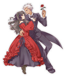 Rule 34 | 1boy, 1girl, archer (fate), bare shoulders, blue eyes, brown hair, dark skin, dark-skinned male, dress, fate/hollow ataraxia, fate/stay night, fate (series), flower, formal, gown, hair ribbon, height difference, red flower, red rose, ribbon, rose, suit, tohsaka rin, triplebomber, two side up, white hair