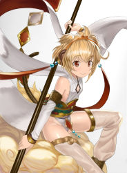 Rule 34 | 10s, 1girl, ahoge, andira (granblue fantasy), animal ears, bare shoulders, blonde hair, breasts, cloud, detached sleeves, erune, flying nimbus, granblue fantasy, hagoromo, hairband, highres, holding, leotard, long sleeves, looking at viewer, monkey ears, monkey tail, orange eyes, polearm, shawl, short hair, sideboob, simple background, sitting, small breasts, smile, solo, tail, thighhighs, thighs, two side up, wasabi60, weapon, white background