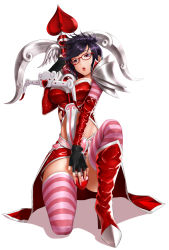 Rule 34 | 1girl, armor, between legs, black hair, bow (weapon), breasts, cleavage, fingerless gloves, glasses, gloves, hand between legs, heart, heartseeker vayne, highres, kneeling, large breasts, league of legends, navel, on one knee, short hair, shoulder armor, simple background, skirt, solo, striped clothes, striped thighhighs, takebi, thighhighs, vayne (league of legends), weapon, white background