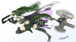 Rule 34 | 1girl, arknights, artist name, breasts, cape, collared cape, crocodilian tail, dreadlocks, gavial (arknights), gavial the invincible (arknights), goggles, goggles on head, gradient background, green hair, green skirt, grin, hand up, highres, holding, holding weapon, holding with tail, long hair, looking to the side, mask, mask around neck, material growth, medium breasts, mikagura, oripathy lesion (arknights), pink cape, pleated skirt, pointy ears, prehensile tail, reptile girl, respirator, running, sharp teeth, skirt, smile, tail, teeth, twitter username, two-sided cape, two-sided fabric, weapon, white background, yellow eyes