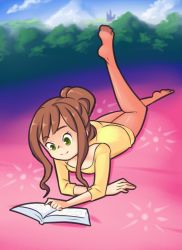 Rule 34 | 1girl, ass, barefoot, bed, book, breasts, brown hair, cloud, drantyno, dress, green eyes, highres, leg up, long hair, long sleeves, looking down, lying, medium breasts, mountain, ponytail, reading, sky, smile, tree, tsubumi (ryuhi), yellow dress