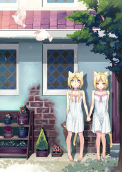 Rule 34 | 2girls, ahoge, animal, animal ears, argyle, arm behind back, bare legs, barefoot, bird, blonde hair, blue eyes, breasts, brick wall, building, cat ears, cat tail, commentary request, cross-laced clothes, dirty, dirty feet, door, dove, dress, eyebrows, flower, holding, holding hands, holding stuffed toy, leaf, long hair, looking down, looking up, multiple girls, original, outdoors, parted bangs, pigeon-toed, plant, potted plant, rain, shadow, shelf, shiroori kanade, siblings, sisters, sleeveless, sleeveless dress, small breasts, spaghetti strap, stained glass, stairs, standing, stuffed animal, stuffed toy, swept bangs, tail, teddy bear, tree, tree shade, twins, white dress, window