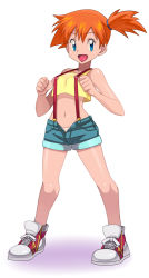 Rule 34 | 1girl, alternate color, bad id, bad pixiv id, bare shoulders, blue eyes, breasts, collarbone, creatures (company), crop top, crop top overhang, denim, denim shorts, flapper shirt, full body, game freak, looking at viewer, midriff, misty (pokemon), navel, nintendo, no socks, open clothes, open fly, open mouth, open shorts, orange hair, panties, pokemon, pokemon (anime), pokemon (classic anime), ponytail, red footwear, revealing clothes, ryuntack, shadow, shiny skin, shirt, shoes, short hair, short ponytail, short shorts, shorts, side ponytail, simple background, sleeveless, sleeveless shirt, smile, sneakers, solo, standing, suspenders, tank top, underwear, unzipped, white background, white panties, wide ponytail, yellow shirt