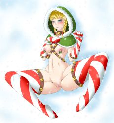 Rule 34 | 1girl, absurdres, bell, blonde hair, blue eyes, blush, braid, breasts, christmas, collar, female focus, from above, full body, gloves, half-closed eyes, hand on own chest, hands up, highres, hood, hyrule warriors, itsuko103, linkle, looking at viewer, lying, medium breasts, navel, nintendo, nipple piercing, nipple rings, nipples, nude, on back, piercing, pussy, red thighhighs, simple background, snow, snowing, solo, spread legs, striped clothes, striped gloves, striped thighhighs, the legend of zelda, thighhighs, twin braids, uncensored, white background