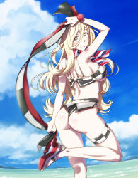 Rule 34 | 1girl, arm up, ass, bikini, blonde hair, blurry, blush, breasts, checkered bikini, checkered clothes, closed mouth, cloud, covered erect nipples, day, depth of field, from behind, hair between eyes, head tilt, holding, kantai collection, kneepits, large breasts, leg up, long hair, looking back, mole, mole under eye, outdoors, richelieu (kancolle), sameha ikuya, sandals, sky, smile, solo, standing, swimsuit, thigh strap, very long hair, water, yellow eyes
