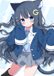 Rule 34 | 1girl, absurdres, animal ears, black hair, blue bow, blue eyes, blue necktie, bow, cat ears, cat girl, cat tail, cowboy shot, g4ku, grey skirt, hair bow, heart, heart-shaped pupils, highres, necktie, original, skirt, sleeves past fingers, sleeves past wrists, smile, solo, symbol-shaped pupils, tail