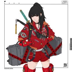 Rule 34 | 1girl, akira (manga), artist name, belt, black choker, black hair, border, choker, commentary, english commentary, goggles, hands in pockets, holding case, jacket, katana, knife, long hair, looking at viewer, original, outside border, park junkyu, patch, ponytail, red jacket, red shorts, shorts, solo, sword, throwing knife, unworn goggles, v-shaped eyebrows, weapon