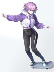 Rule 34 | 1girl, absurdres, alternate costume, black footwear, black pants, blush, breasts, commentary request, fate/grand order, fate (series), full body, glasses, gradient background, hair over one eye, highres, jacket, light purple hair, long sleeves, looking at viewer, m.tokotsu, mash kyrielight, multicolored clothes, multicolored jacket, pants, purple eyes, purple jacket, short hair, skateboard, skateboarding, smile, solo, sportswear, white background, white jacket
