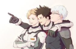 Rule 34 | 3boys, :o, arm around shoulder, black gloves, blonde hair, blue eyes, bodysuit, brown eyes, brown hair, charce lacroix, crossed arms, glasses, gloves, green eyes, kanata hoshijima, kanata no astra, looking to the side, male focus, mechanical arms, multiple boys, aged up, pointing, scar, simple background, single mechanical arm, spoilers, upper body, white background, white gloves, white hair, wryx, zack walker