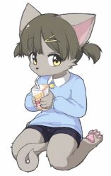 Rule 34 | 1girl, 3yo4yo5yo, black hair, brown eyes, child, drinking, drinking straw, female focus, furry, furry female, hair ornament, hairclip, juice box, looking at viewer, original, pawpads, short shorts, short twintails, shorts, simple background, solo, twintails, white background