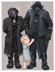 Rule 34 | 1girl, 2boys, :o, arms behind back, ascot, barefoot, black ascot, black cape, black coat, black footwear, black gloves, black jacket, bondrewd, boots, border, cape, child, clinging, coat, covered face, full body, gloves, grey hair, gueira (made in abyss), helmet, highres, hospital gown, jacket, leg grab, long sleeves, looking at another, looking away, looking to the side, made in abyss, maido (gokujohoureisen), multiple boys, notched ear, outside border, prushka, red eyes, short hair, short sleeves, standing, whistle, whistle around neck