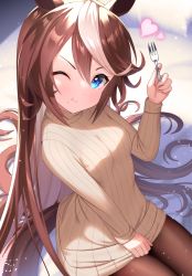 Rule 34 | 1girl, ;t, animal ears, bed sheet, bettle (b s a n), blue eyes, blush, brown legwear, brown sweater, closed mouth, commentary request, eating, food, food on face, fork, hair between eyes, hair down, hand up, head tilt, heart, highres, holding, holding fork, horse ears, horse girl, horse tail, long hair, long sleeves, looking at viewer, multicolored hair, pillow, ribbed sweater, sitting, sleeves past wrists, solo, streaked hair, sweater, tail, tokai teio (umamusume), turtleneck, turtleneck sweater, umamusume, v-shaped eyebrows, very long hair, white hair
