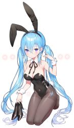 Rule 34 | 1girl, animal ears, bare shoulders, black footwear, black pantyhose, blue hair, blush, breasts, cleavage, closed mouth, collarbone, de nim, expressionless, fake animal ears, fake tail, unworn footwear, hairband, high heels, highres, holding, holding clothes, holding footwear, large breasts, leotard, long hair, looking at viewer, original, pantyhose, playboy bunny, purple eyes, rabbit ears, rabbit tail, seiza, shoes, unworn shoes, sitting, solo, tail, twintails, very long hair, wrist cuffs