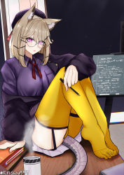 Rule 34 | 1girl, animal ear fluff, animal ears, arknights, beret, blush, book, breasts, clothes pull, desk, full body, garter straps, glasses, hair ornament, hairpin, hand on table, hat, highres, holding, holding pencil, jacket, jacket pull, light brown hair, lizard tail, long hair, long sleeves, looking at viewer, medium breasts, neck ribbon, no shoes, open clothes, open jacket, open mouth, parted lips, pencil, purple eyes, purple jacket, purple shirt, purple skirt, red ribbon, ribbon, shirt, sitting, sitting on table, skirt, solo, tail, thighhighs, thighs, twitter username, utage (arknights), utage (disguise) (arknights), window, wuwuwu (kriswu555), yellow thighhighs
