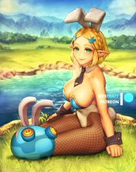Rule 34 | 1girl, alternate breast size, animal ears, artist name, bare arms, bare shoulders, black necktie, blonde hair, braid, breasts, chuchu (zelda), cleavage, closed mouth, commentary, cosplay, curled fingers, detached collar, elf, english commentary, fake animal ears, fake tail, fishnet pantyhose, fishnets, forehead, forest, gold trim, green eyes, hair ornament, highleg, highleg leotard, large breasts, leotard, looking at viewer, medium hair, mountainous horizon, mystra77, nature, necktie, nintendo, outdoors, pantyhose, patreon username, playboy bunny, pointy ears, princess zelda, rabbit hair ornament, rabbit tail, river, sagging breasts, sitting, slime (substance), smile, solo, strapless, strapless leotard, tail, the legend of zelda, the legend of zelda: breath of the wild, thighs, white leotard, wrist cuffs, yokozuwari