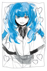 Rule 34 | 10s, 1girl, blue eyes, blue hair, capelet, grin, heart, heterochromia, imai yuumi, long hair, looking at viewer, matching hair/eyes, monochrome, red eyes, ribbon, smile, solo, tokyo ghoul, tokyo ghoul:re, twintails, upper body, yonebayashi saiko