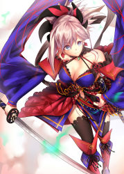 Rule 34 | 1girl, asymmetrical hair, black ribbon, black thighhighs, blue eyes, blue kimono, blue sleeves, breasts, choker, cleavage, clothing cutout, collarbone, earrings, fate/grand order, fate (series), hair between eyes, highres, holding, holding sheath, holding sword, holding weapon, japanese clothes, jewelry, katana, kimono, long hair, long sleeves, magatama, medium breasts, midriff, miyamoto musashi (fate), miyamoto musashi (third ascension) (fate), navel, navel cutout, pink hair, print sleeves, red ribbon, ribbon, sheath, smile, solo, stomach, sword, thighhighs, unsheathed, weapon, wide sleeves, xo (xo17800108)
