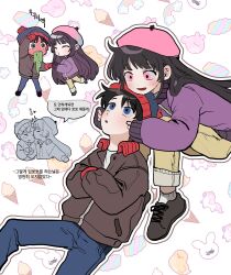 Rule 34 | 1boy, 1girl, beret, bird, black hair, blush, chibi, chibi inset, chick, couple, crossed arms, denim, food, full-face blush, gloves, hands on another&#039;s cheeks, hands on another&#039;s face, hat, hetero, highres, ice cream, imminent kiss, jacket, jeans, kiss, kissing forehead, korean text, long hair, long sleeves, looking up, marshmallow, open mouth, pants, pants rolled up, pink eyes, rabbit, rainbow, shoes, short hair, sike (dvh 04), sitting, sleeves past wrists, smile, socks, south park, stan marsh, translation request, unicorn, vomit, wendy testaburger