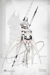 Rule 34 | 1girl, absurdres, blue eyes, boots, breasts, detached sleeves, dress, full body, grey hair, high heel boots, high heels, highres, holding, holding polearm, holding weapon, horns, jugyeom, long sleeves, looking at viewer, low wings, medium breasts, multiple wings, original, polearm, short hair, solo, thighhighs, weapon, white dress, wings