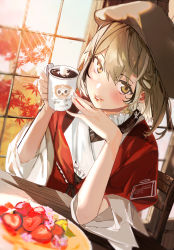 Rule 34 | 1girl, autumn, autumn leaves, beret, blush, bow, braid, brown eyes, brown hair, cup, earrings, embroidery, feathers, floral print, food, fruit, gloves, hair between eyes, hat, highres, hololive, hololive english, hot chocolate, japanese clothes, jewelry, kimono, kyoukaraa, lace, lace gloves, lips, looking at viewer, mole, mole under eye, mug, multicolored hair, nanashi mumei, nanashi mumei (new year), official alternate costume, pancake, print kimono, red shawl, ribbon, sash, shawl, short hair, single earring, smile, solo, strawberry, streaked hair, sunlight, table, virtual youtuber, white kimono, wide sleeves, window, wooden chair, wooden table