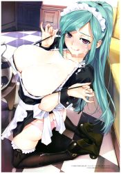 Rule 34 | 1girl, :q, absurdres, apron, aqua hair, ass, black thighhighs, breasts, butt crack, checkered floor, cleavage, cum, cum on body, cum on breasts, cum on hair, cum on upper body, facial, foreshortening, happoubi jin, highres, huge breasts, kneeling, large breasts, looking up, maid, maid headdress, nail polish, naughty face, no bra, original, panties, pink panties, ponytail, purple eyes, scan, solo, thighhighs, tongue, tongue out, underwear, untied